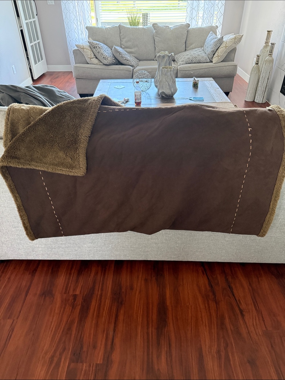Woolrich Brown Faux-Suede Throw with Tan Sherpa Trim